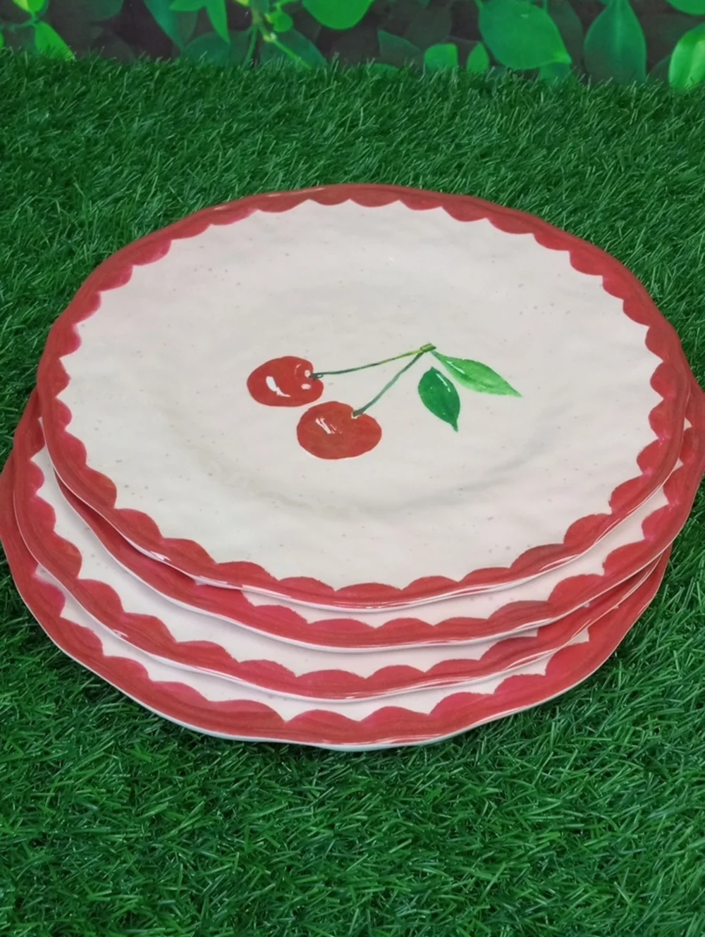 ⛱️ Cherry Accent Salad Plates - Red Trim (Set of 4)